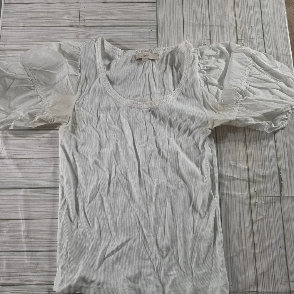 LOFT Womens White Ribbed Puff Sleeve Mixed Media Scoop Neck Top Size M